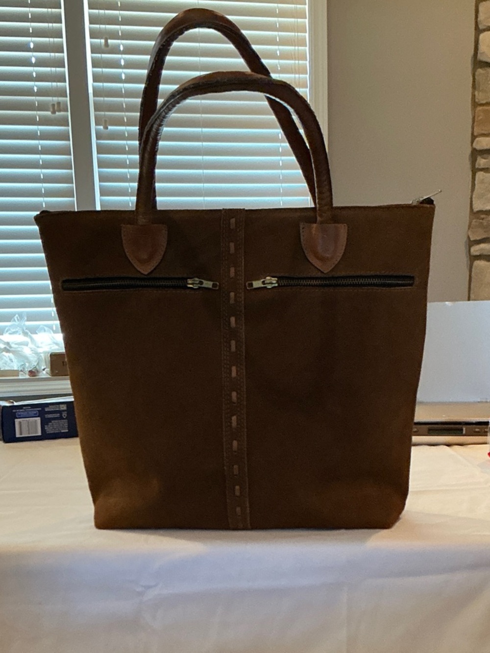 Women's Brown Suede Laptop Tote with Dual Front Zips